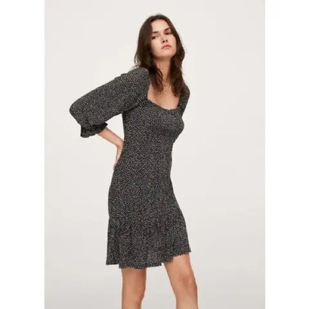 Mango Black and White Sheath Dress with Ruffled Bishop Sleeves